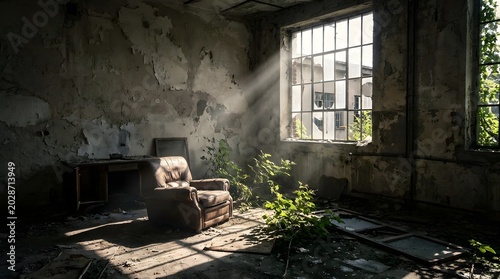 Ethereal sunlight illuminates a desolate, crumbling room featuring an old armchair, a desk, and wild vegetation reclaiming the space.