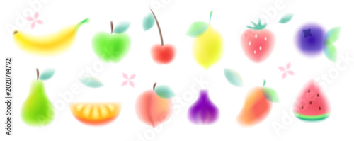 Set of blur fruits and berries. Colorful gradient shapes. Orange, apple, strawberry for design. Summer different watercolor flowers leaves. Blurred vibrant plants.
