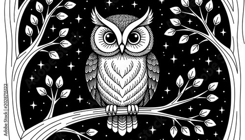 Owl sitting on branch surrounded by leaves and stars at night  
