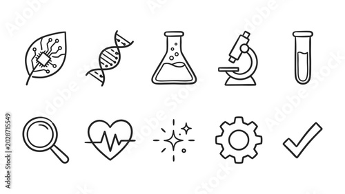 Foto Scientific Icons Collage: A compilation of line art icons representing biology, chemistry, and medicine, including a leaf with circuits, DNA strand, flask, microscope, test tube, magnifying glass