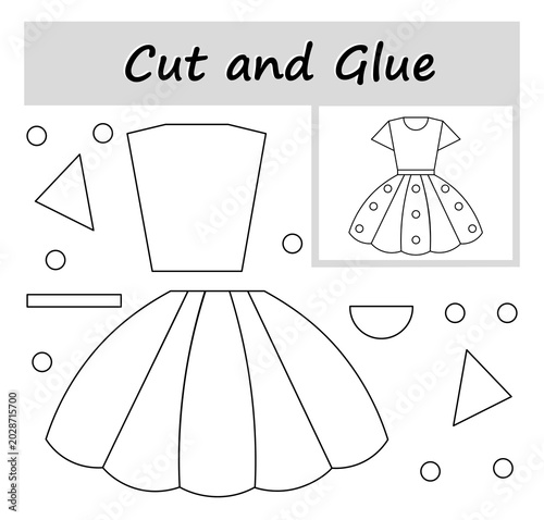 Color and cut dress. Black and white educational paper game for kids.