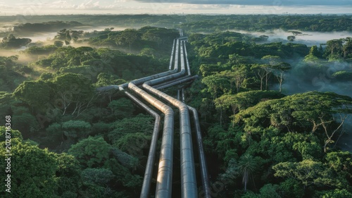 Overhead View of Large Industrial Pipelines Running Through Dense Green Forest in a Tropical Landscape