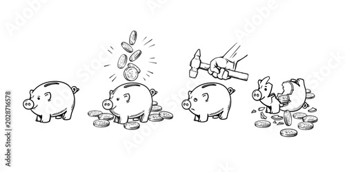 Piggy bank hand drawn set.