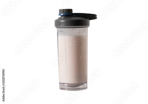 Foto Plastic protein shaker bottle with pink protein shake, fitness drink isolated on