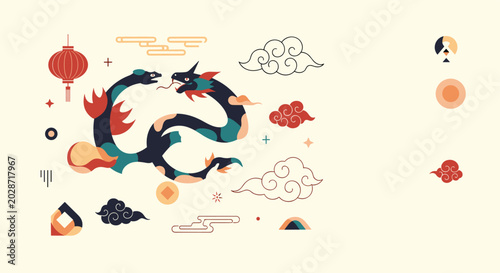 Stylized oriental dragon in a circular formation chasing its own tail amidst decorative clouds and traditional Asian motifs.