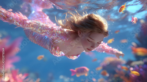Fantasy, mysterious, wallpaper. A vivid portrayal of a mermaid swimming underwater. The mermaid, with her flowing hair cascading down her back, gracefully glides through the water.