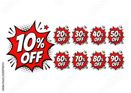 Foto Comic discount percentage set
vector 10,20,30,40,50,60,70,80,90 percent sale set