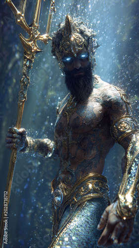 Greek mythology sea god Poseidon. Fantasy. A vivid portrayal of a mythical figure, likely a mermaid or aquaman, set against a backdrop of a serene underwater environment.