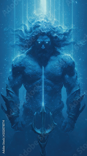 Greek mythology sea god Poseidon. Fantasy. A vivid digital artwork depicts a muscular, bearded man with flowing hair and a fierce expression.