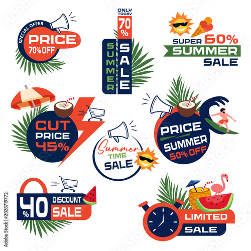 Green and red colors. Summer floral tropical offer and leaf promotion create fresh savings look. Ideal for summer promo banners.
