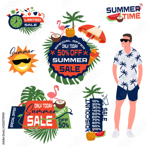 Green and red colors. Summer floral tropical offer and leaf promotion create fresh savings look. Ideal for summer promo banners.