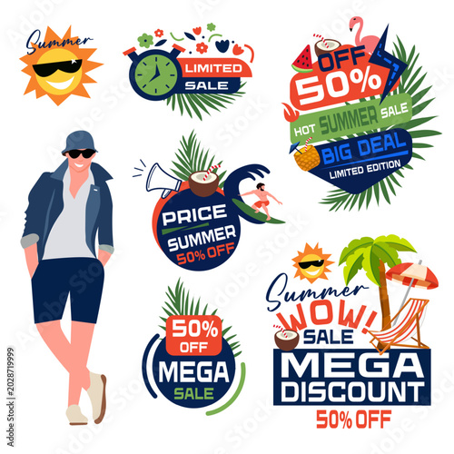 Green and red colors. Summer floral tropical offer and leaf promotion create fresh savings look. Ideal for summer promo banners.