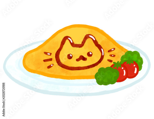 水彩風お子様オムライスのイラスト・猫ケチャップデコ / Watercolor style kids omurice with cat ketchup decoration illustration