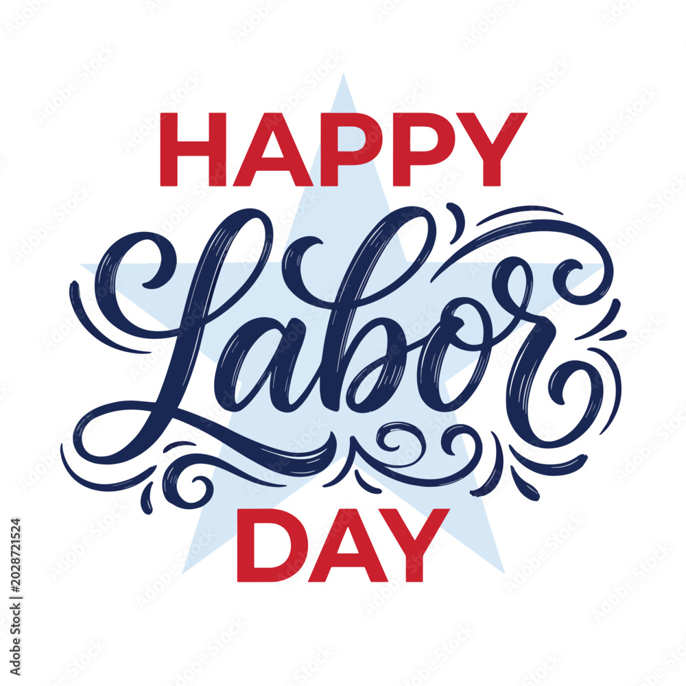 Obraz premium Happy labor day handwritten lettering typography design with star shape background, modern calligraphic style.