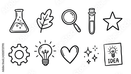 Fotografía Doodle Icons for Innovation: A collection of hand-drawn doodle icons representing scientific discovery, nature, research, and bright ideas, perfect for educational or creative projects