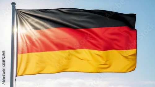 German flag waving in the wind against a clear blue sky  