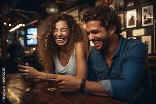 Happy couple laughing together, looking at smartphone during night life in a bar