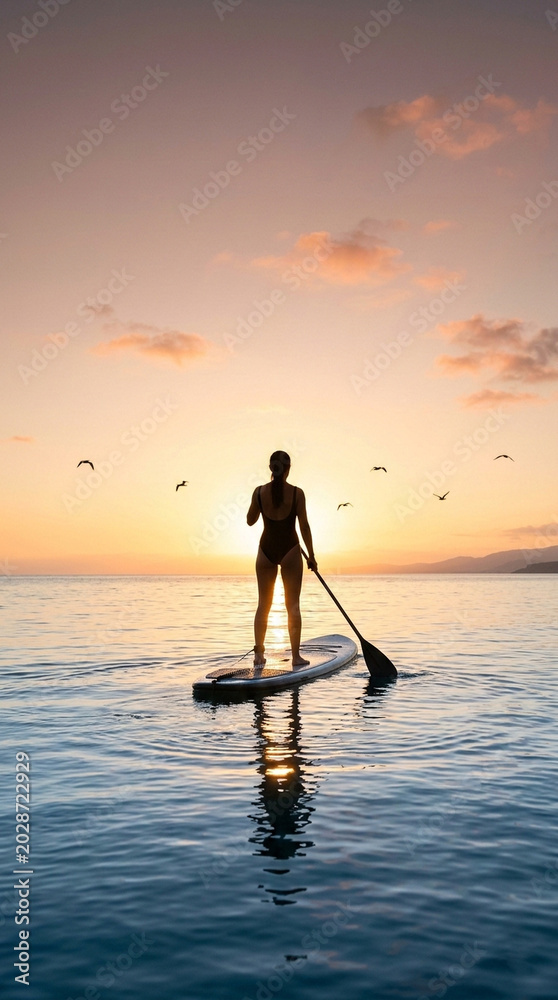 Fototapeta premium Woman Paddleboarding at Low Sun, Golden Horizon Glow and Soft Pastel Sky