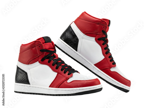 Pair of Red and White High-Top Basketball Sneakers with Snakeskin Texture Isolated on White Background - Professional Product Shot