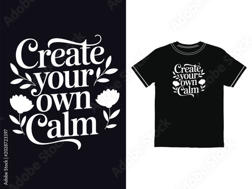 Creative t shirt apparel design featuring the inspirational quote Create your own calm with flower decorations