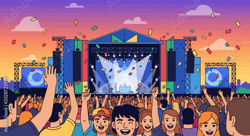 Crowd enjoying a vibrant music festival concert.