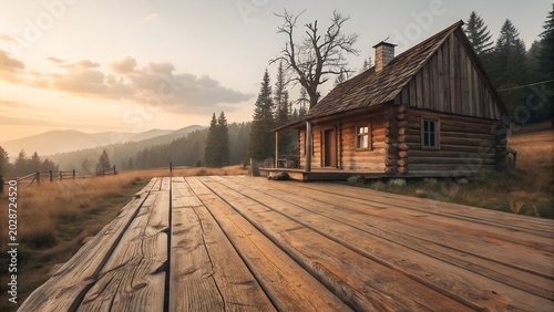 Rustic wooden cabin nestled in a serene mountain landscape at sunset with warm, golden light illuminating the scene