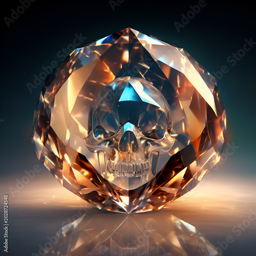 golden quartz skull of energy around crystal  lightning background. fantasy spiritual concept. Ai generated