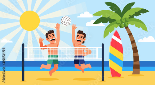 Two men playing beach volleyball on a sunny day.