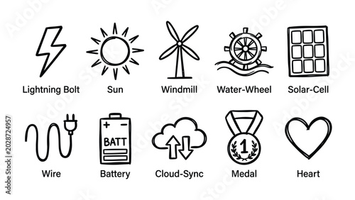 Schilderij op canvas Clean Energy Icons Collection: A set of hand-drawn icons representing various sources of renewable energy and related concepts like battery, cloud sync, and medal, presented in a simple