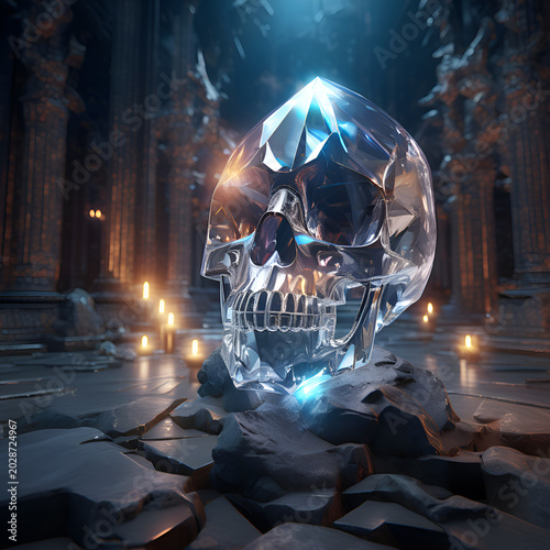 crysral quartz skull of energy around ancient temple. fantasy spiritual concept. Ai generated