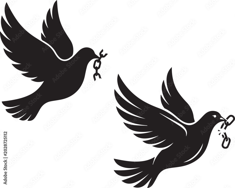 Fototapeta premium Two flying doves carrying broken chain links symbolizing peace and freedom