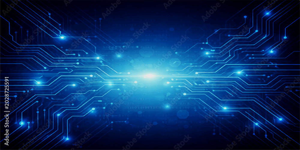 Fototapeta premium Blue Circuit Board Background with Glowing Blue Energy Lines, Futuristic Digital Space Technology Network Concept