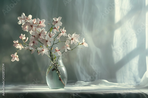 Delicate pink cherry blossom branches in a clear glass vase with soft light