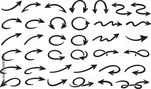 Collection of hand-drawn arrow icons diverse directional symbols for design elements isolated on white background