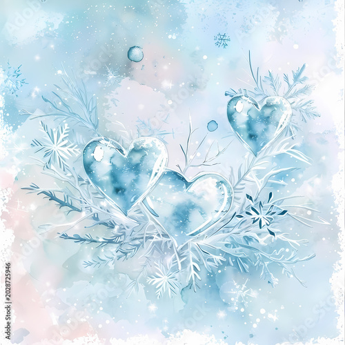 Frozen Blue Hearts Watercolor Winter Romance Background Art