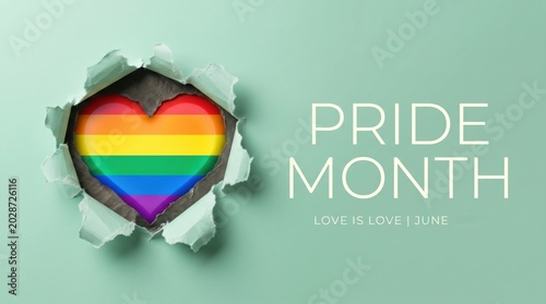 Pride Month celebration banner, rainbow heart appearing through torn paper hole, LGBTQ community support concept, love is love message on mint green background
