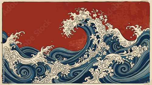 Quadro su tela A powerful wave crashes ashore with blue swirls and white foam against a red background