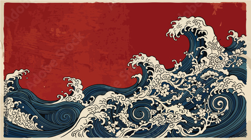 Quadro su tela A large wave crashes ashore with swirling white foam on a red background near ocean
