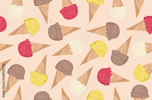 Seamless ice cream pattern with colorful frozen desserts arranged in a repeating background design. Perfect for wrapping paper, textile prints, packaging, wallpapers, fabric, stationery.