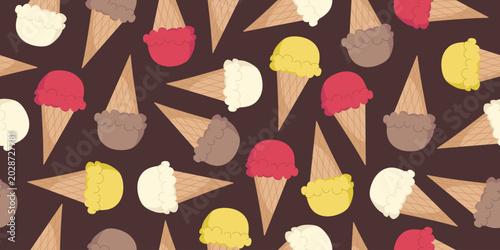 Seamless ice cream pattern with colorful frozen desserts arranged in a repeating background design. Perfect for wrapping paper, textile prints, packaging, wallpapers, fabric, stationery.