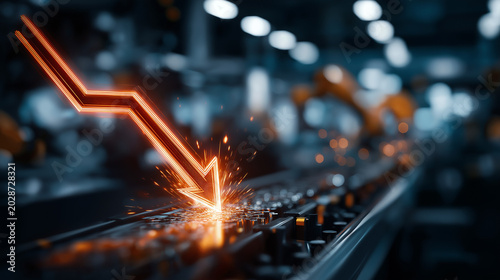 Industrial Downturn: A stark visual representation of economic decline, with a glowing orange downward arrow striking a conveyor belt in a factory setting, sparks flying.