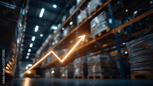 Warehouse Growth Graph: A dynamic orange graph depicting upward trend ascends through a brightly lit warehouse aisle, showcasing inventory growth and logistics efficiency.