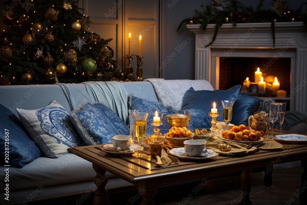 Fototapeta premium Festive holiday table setting with candles and clementines in a decorated warm interior