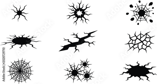 Bild auf Leinwand Grunge crack vector set, black broken ground silhouettes and spider web icons, 9