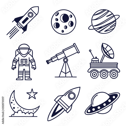 Space icons, astronomy symbols, rocket ship illustrations, celestial bodies