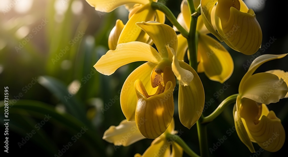 Obraz premium Golden Yellow Orchid Blooming in Soft Sunlit Tropical Garden