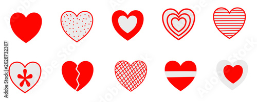 Set of decorative red doodle hearts, Valentine's Day vector icons and design elements.