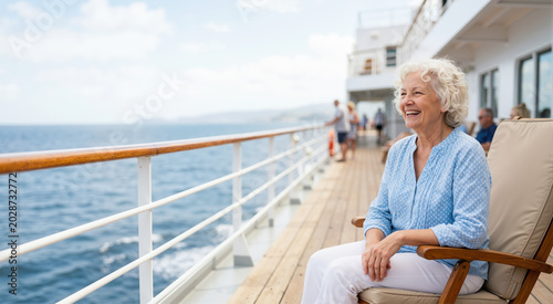 Laughing senior woman relaxing on a cruise ship deck. Retired female passenger enjoying a sunny ocean voyage in a deck chair. Summer vacation and active retirement travel concept