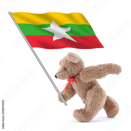 Myanmar flag being carried by a cute teddy bear