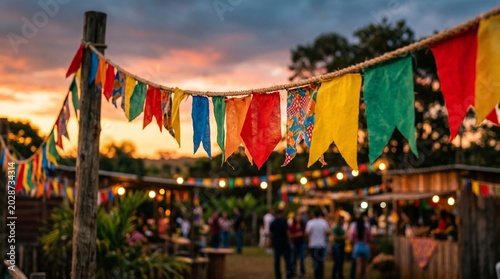 Vibrant Brazilian festa Junina Arraiá street fair with colorful flags and illuminated stalls under a beautiful sunset sky, festive atmosphere
